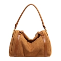 Detailed view of the brown suede hobo bag with smooth leather straps and gold hardware - Yellow Brown / Large