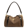 Brown suede Boston bag with black leather straps and gold zippers on white background - Green / Large