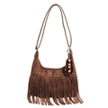 Brown suede shoulder bag featuring bohemian tassels and metal star rivets on white background - Brown