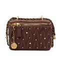 Sac boîte matelassé marron foncé avec strass brillants et breloque camélia dorée - Grand / Café