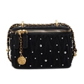 Sac bandoulière en velours noir avec matelassage en V, strass blancs et breloque camélia - Grand / Noir