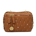 Sac seau vintage marron matelassé avec strass, chaîne dorée et pendentif camélia décoratif - Grand / Marron