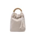 Borsa a secchiello in camoscio beige con manico tondo in legno e nappe eleganti - Bianco