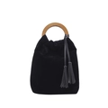Borsa a secchiello in pelle scamosciata nera con manico tondo in legno e nappe - Nero