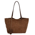 Bolso tote grande de ante marrón oscuro con tirantes finos y diseño retro minimalista - Marrón