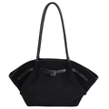 Detail of black matte tote bag featuring thin patent leather straps and silver metal buckle - Black