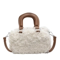 Chic sherpa pillow bag with contrast brown leather handles and adjustable shoulder strap - Cream-Brown