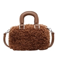 Brown faux shearling teddy handbag with smooth leather handles and detachable strap - Brown