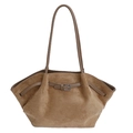 Vintage brown frosted suede tote bag with silver buckle and minimalist shoulder strap - Khaki