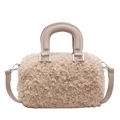 Creamy white plush faux lamb wool pillow bag with leather handles and silver hardware - Khaki