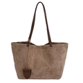 Bolso tote retro de ante tostado con correas finas y colgante de hoja de cuero - Caqui