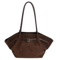 Large brown faux suede tote bag with pleated detail and metal buckle for women - Brown