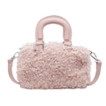 Fuzzy faux fur Boston bag in light pink with smooth leather handles and silver hardware - Pink