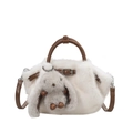Plush faux fur bucket bag in cream with brown leather straps and bunny charm - With Charm / White