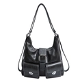 Sac à épaule vintage noir en cuir synthétique brillant avec deux poches à rabat - Noir