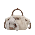 Plush faux fur basket bag in cream white with brown handles and rabbit doll charm - With Charm / Apricot