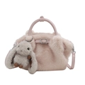 Pink plush faux fur bucket bag with a cute white bunny charm and leather shoulder strap - With Charm / Pink