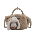 Beige faux fur basket bag with round handle, crossbody strap and plush bunny charm - With Charm / Khaki