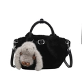 Borsa a secchiello in peluche nera con ciondolo a coniglio grigio e tracolla in pelle - senza ciondolo / Nero