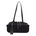 Minimalist black matte leather shoulder bag with long straps and sleek rectangular design - Black