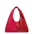 Retro deep red oil wax leather and suede stitching large capacity hobo shoulder bag - Red