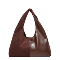 Deep coffee two-tone Hobo tote bag featuring suede and smooth leather patchwork - Brown