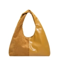 Minimalist mustard yellow hobo bag with unique twist handle and suede patchwork detail - Brown