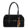 Retro black Boston handbag in matte suede finish with vintage beaded tassel and gold hardware - Black With Pendant