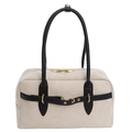 Elegante borsa a mano in pelle scamosciata beige con dettagli neri e fibbie dorate - Bianco Senza Pendente