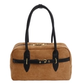 Borsa a mano retrò in camoscio marrone con manici in pelle nera e anello dorato - Cachi (Senza Ciondolo)