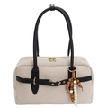 Borsa in pelle scamosciata beige con manici neri lunghi e ciondolo di perline colorate - Bianco Con Pendente