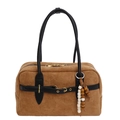 Brown suede Boston shoulder bag with black handles and ethnic style charm on white background - Khaki With Pendant