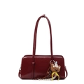 Minimalist burgundy faux leather Boston bag with vintage shoulder straps and bear pendant - Wine Red (With Charm)