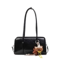 Glossy black large Boston shoulder bag with cute brown teddy bear plush pendant - Black (With Pendant)