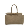Taupe suede tote bag with decorative gold buckle strap and dual top handles - Khaki