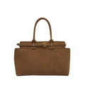 Classic brown faux leather tote bag with stylish decorative metal buckle straps and handles - Brown
