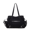 Black moto-style tote bag with matte texture and decorative silver buckles - Black