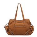 Brown large capacity leather tote bag with utility pockets and metal buckle straps - Brown