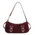 Bolso de hombro retro de ante granate con bolsillos frontales y hebillas plateadas - Rojo