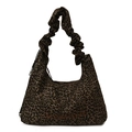 Detail of leopard print tote bag featuring ruffled handles and DCERIVALIS logo - Brown