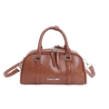 Bolso tipo bowling de cuero sintético marrón con herrajes plateados y correa ajustable - Marrón