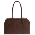 Minimalist dark brown suede tote bag with slim shoulder straps and zipper closure - Coffee