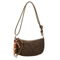 Dark brown suede crescent moon underarm bag with vintage wooden beaded tassel charm detail - Green