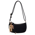 Black frosted hobo bag with moon shape, suede texture and ethnic beaded tassel - Black