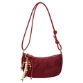 Retro burgundy suede underarm bag with knot strap and beaded tassel charm detail - Red