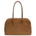 Minimalist dark camel tote bag in frosted faux suede with long dual handles and zip top - Brown