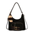 Bolso hobo negro de ante con correas de cuero marrón y un tierno colgante de oso - Con Colgante / Negro