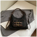Borsa hobo retrò in tela nera con cinturini in pelle marrone e fibbie metalliche - Nero (Senza Ciondolo)