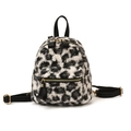 Mini leopard print faux fur backpack with black leather straps and gold zippers - White Leopard Print
