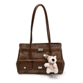 Vintage brown large capacity tote bag with dual front pockets and plush dog charm - With Pendant / Brown